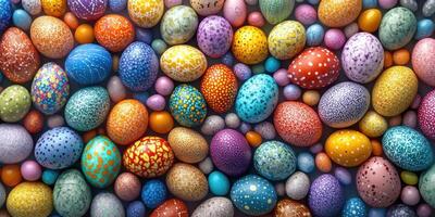 Colorful collection of decorated Easter eggs on a bright surface in various colors and patterns photo