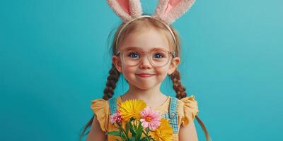 Child wearing bunny ears holds colorful flowers against a bright blue background in a cheerful spring setting photo