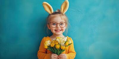 Cute child in bunny ears holding a bouquet of flowers against a bright blue background during springtime celebrations photo