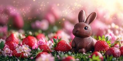 Chocolate bunny among fresh strawberries and flowers in a spring garden setting photo