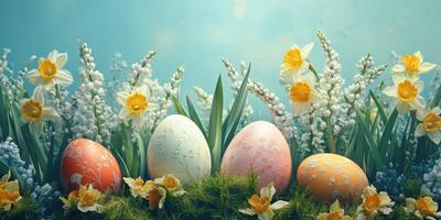 Decorative Easter eggs surrounded by spring flowers in a vibrant floral arrangement photo