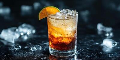 Refreshing cold beverage served on a dark surface with ice and citrus garnish at a casual gathering photo