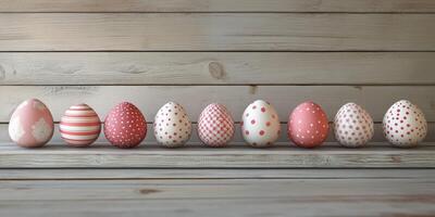 Beautifully decorated pastel eggs arranged in a row on a wooden surface for spring celebrations photo