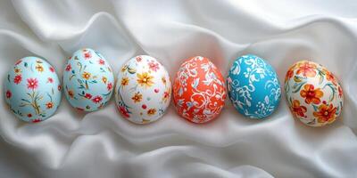 Colorful decorated eggs displayed on a soft fabric background for spring celebrations and festive occasions photo