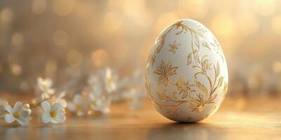 Elegant decorative egg adorned with floral patterns surrounded by soft light and delicate flowers photo