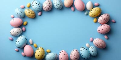 Colorful decorated eggs arranged in an oval pattern on a light blue background for a festive celebration photo