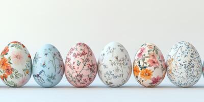 Decorative eggs with floral patterns arranged in a line on a simple background photo