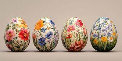 Colorful floral decorated eggs displayed in a row on a neutral background during spring festivities photo