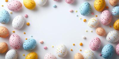 Festive decoration with colorful, speckled Easter eggs arranged artistically on a white background photo