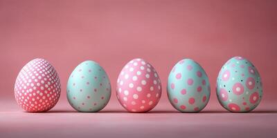Beautifully decorated Easter eggs arranged in a row with colorful patterns against a soft pink background photo