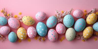 Colorful decorated eggs arranged with flowers on a pink background for a festive spring celebration photo