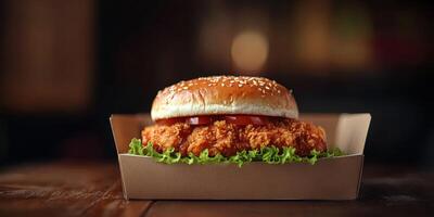 Crispy chicken sandwich with lettuce and tomato served in a cardboard tray with a sesame seed bun photo