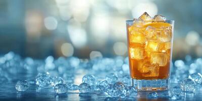 Refreshing cocktail served over ice on a cool surface in a vibrant bar environment photo
