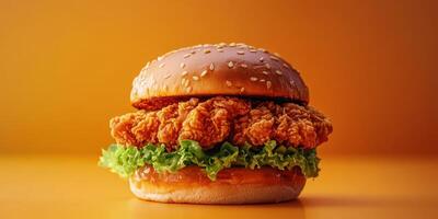 Crispy fried chicken burger with fresh lettuce and sesame seed bun on a vibrant orange background photo