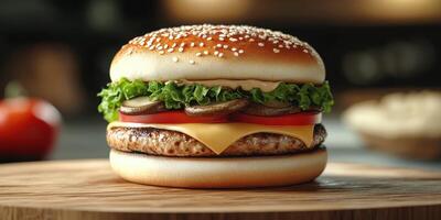 Delicious cheeseburger with fresh toppings served on a wooden board in a rustic kitchen photo