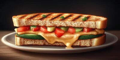 Delicious grilled cheese sandwich with fresh vegetables served on a plate photo