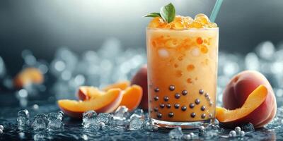 Refreshing fruit drink with tapioca pearls and peach slices on a cool surface with ice photo