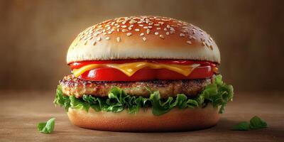 Juicy grilled hamburger with fresh toppings on a wooden surface ready to be enjoyed photo