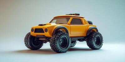 Bright orange remote-controlled car with oversized tires on a smooth surface during indoor playtime photo