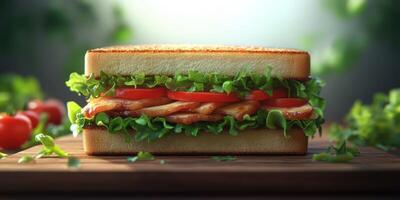 Freshly made chicken sandwich with lettuce and tomatoes on toasted bread in a bright setting photo