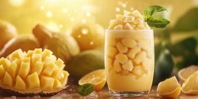 Refreshing mango sorbet served in a glass with fresh mango and lemon slices in a sunny kitchen setting photo