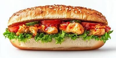 Delicious sandwich loaded with grilled chicken, fresh vegetables, and savory sauce on sesame seed bun photo