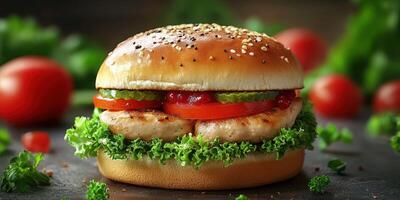 Delicious chicken burger with fresh vegetables on a rustic wooden table setting in a natural light environment photo