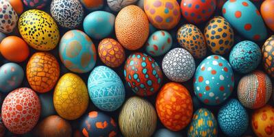 Colorful, hand-painted eggs displayed in various vibrant patterns during an Easter celebration in springtime photo