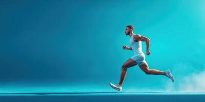Dynamic athlete sprinting against a vibrant blue background showcasing strength and speed photo