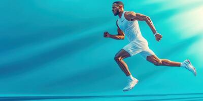 Dynamic male athlete sprinting on a vibrant blue background during a workout session in a gym setting photo