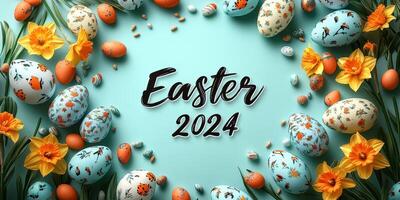 Celebrating Easter 2024 with decorated eggs and vibrant flowers on a light blue background photo