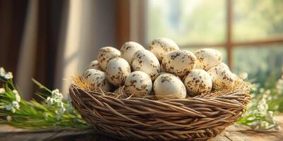 Freshly harvested quail eggs arranged in a rustic basket with natural decor near a window photo