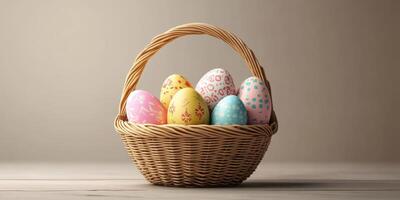 Colorful Easter eggs arranged in a wicker basket on a wooden surface for spring celebration photo