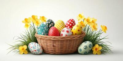 Colorful Easter eggs in a wicker basket adorned with vibrant flowers and greenery photo
