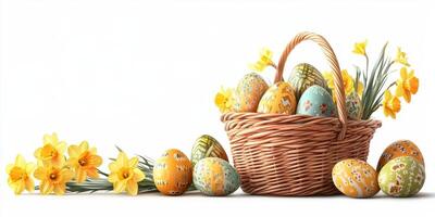 Colorful Easter eggs in a basket with daffodils on a bright background celebrating springtime festivities photo