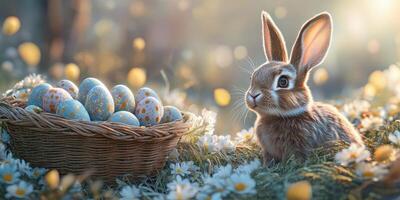 Cute bunny beside a basket of decorative eggs in a sunny flower-filled setting during springtime photo