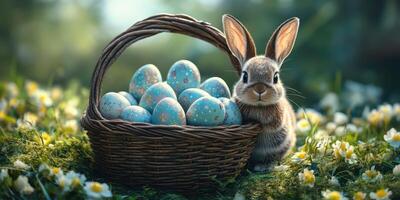 Cute bunny sitting next to a basket filled with colorful eggs on a sunny spring day photo