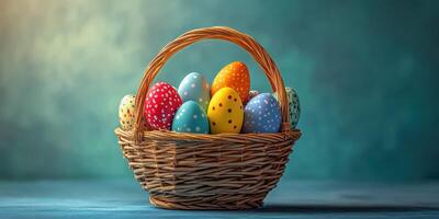Colorful decorated eggs in a woven basket placed on a blue surface with a soft gradient background creating a festive atmosphere photo