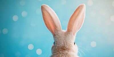 Cute white rabbit looking back against a soft blue background with bokeh effects during daytime photo