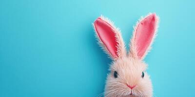 Soft pink rabbit with long ears against a bright blue background creates a whimsical and playful atmosphere photo