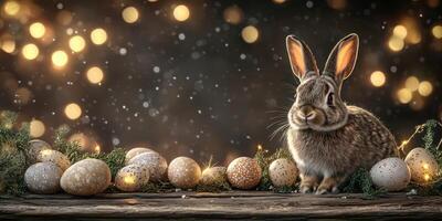 Charming rabbit surrounded by decorative eggs and glowing lights in a festive setting during springtime celebration photo