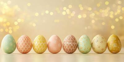 Colorful decorative Easter eggs lined up against a soft golden background during a spring celebration photo