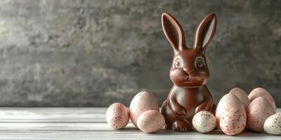 Chocolate bunny surrounded by speckled eggs on a wooden surface in a festive, rustic setting photo