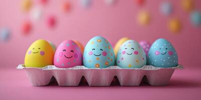 Colorful easter eggs with smiling faces displayed in a pastel-themed setting for spring celebrations photo