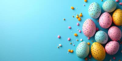Colorful Easter eggs arranged artistically on a bright blue background with confetti scattered around photo