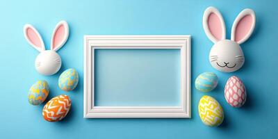 Decorative Easter setup with colorful eggs and bunny accents on a blue background photo