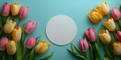 Colorful tulips surround a blank circular card on a vibrant background in a spring-inspired setting photo