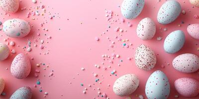 Colorful decorated eggs arranged on pink background for festive celebration during springtime event photo