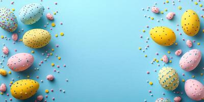 Colorful Easter eggs and candies arranged on a blue background for spring celebrations photo