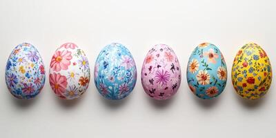 Colorful decorated eggs arranged in a row showcasing various floral patterns for spring celebrations photo